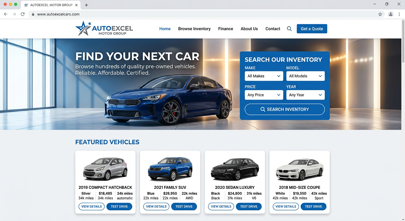 Example used car dealer website homepage with vehicle search bar and featured stock