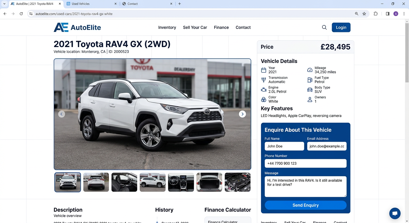 Vehicle detail page example with photo gallery and enquiry form